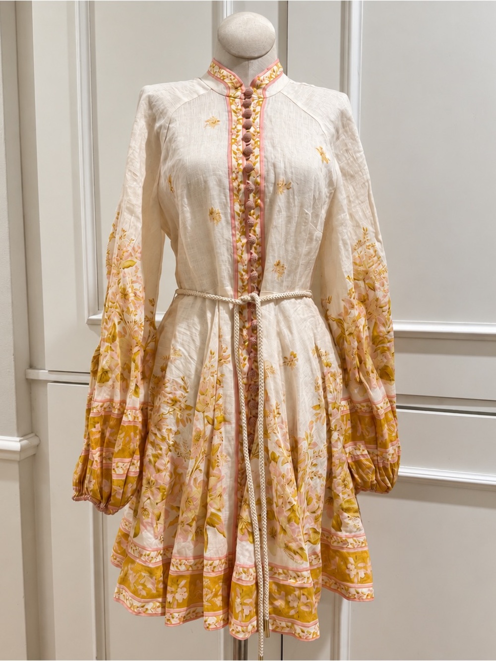 NWOT ZIMMERMANN Golden Buttoned Mini Dress in Pink/Gold Floral Dress - Size 1